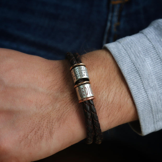 Dark Brown Braided Leather and Silver Medical Alert Bracelet