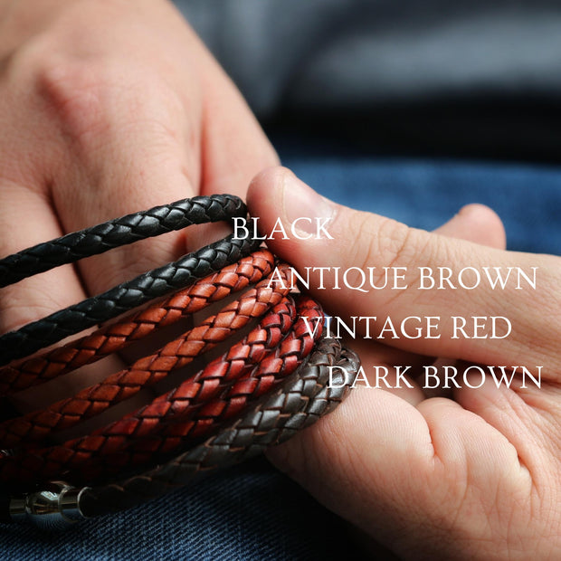 Dark Brown Braided Leather and Silver Medical Alert Bracelet
