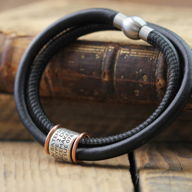 Leather and Silver Medical Alert ID Bracelet