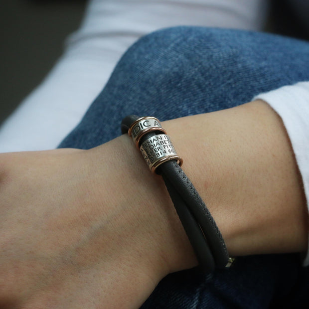 Soft Dark Grey Leather and Silver Medical Alert Bracelet