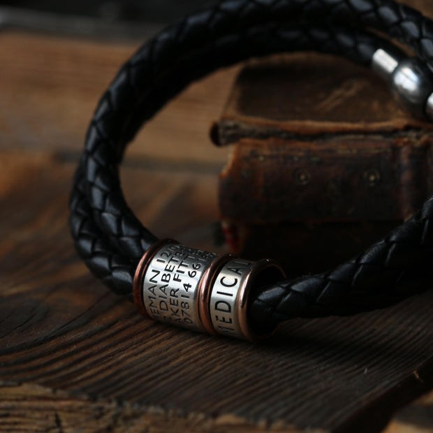Black Braided Leather and Silver Medical Alert Bracelet