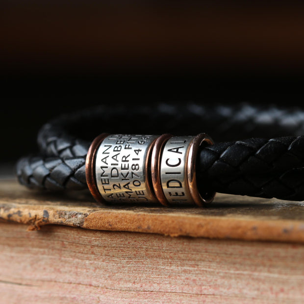 Black Braided Leather and Silver Medical Alert Bracelet