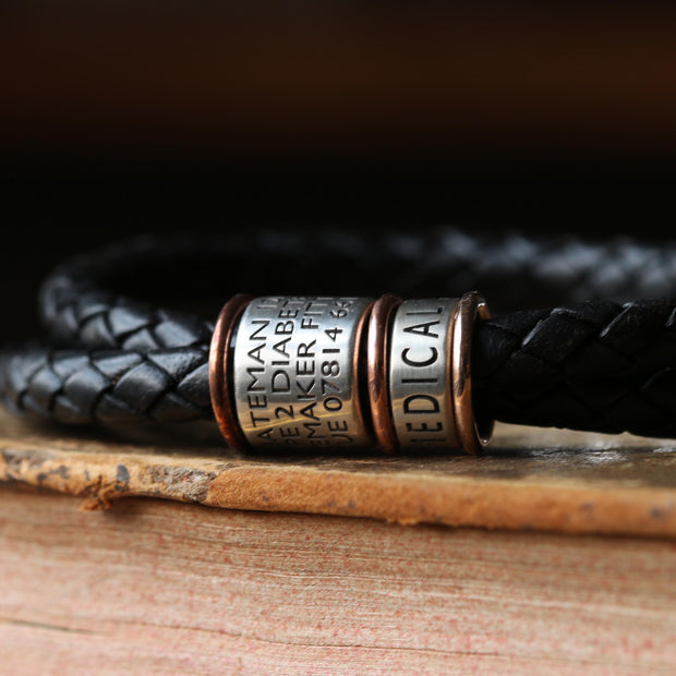 Black Braided Leather and Silver Medical Alert Bracelet