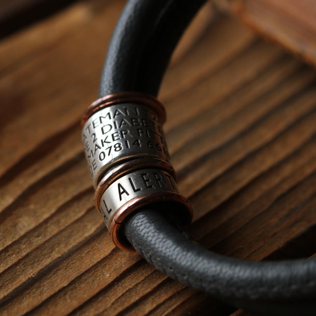 Soft Dark Grey Leather and Silver Medical Alert Bracelet