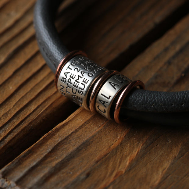 Soft Dark Grey Leather and Silver Medical Alert Bracelet