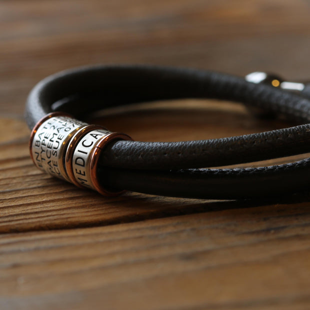 Soft Dark Grey Leather and Silver Medical Alert Bracelet