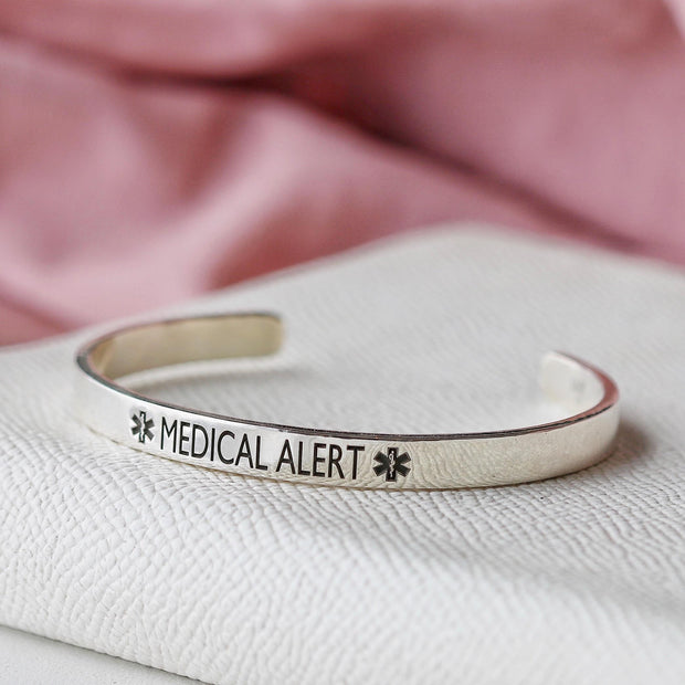 Silver Medical Alert Caduceus Cuff Bracelet